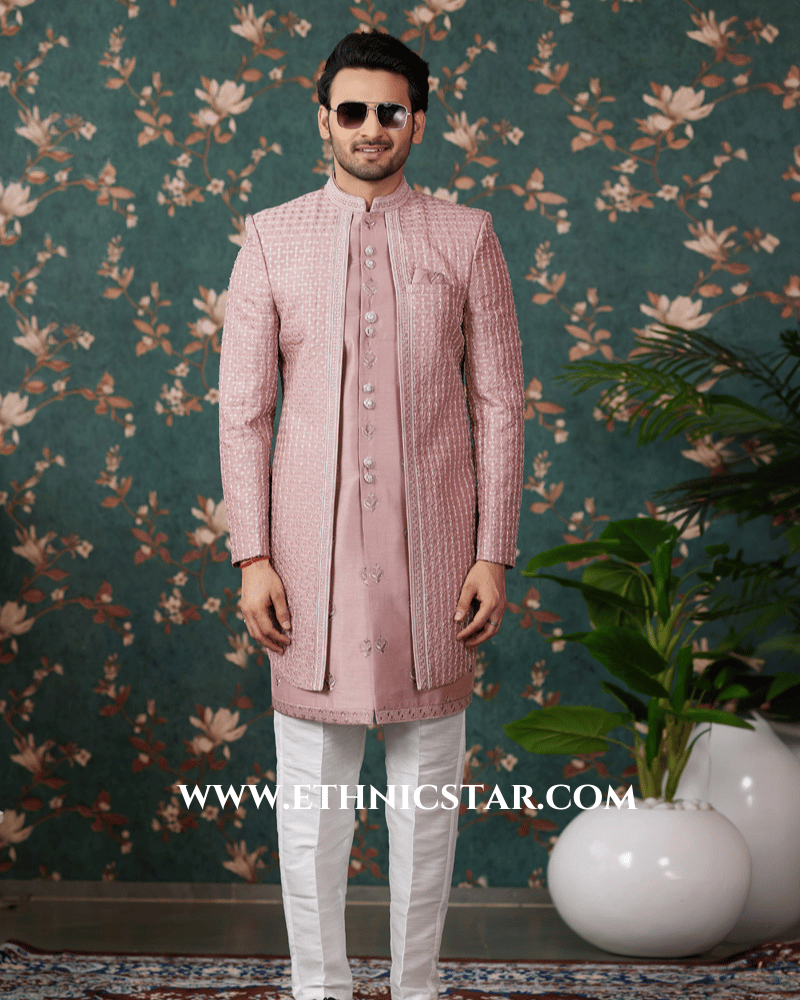Groom Wear Rose Gold Embroidered indowestern Set